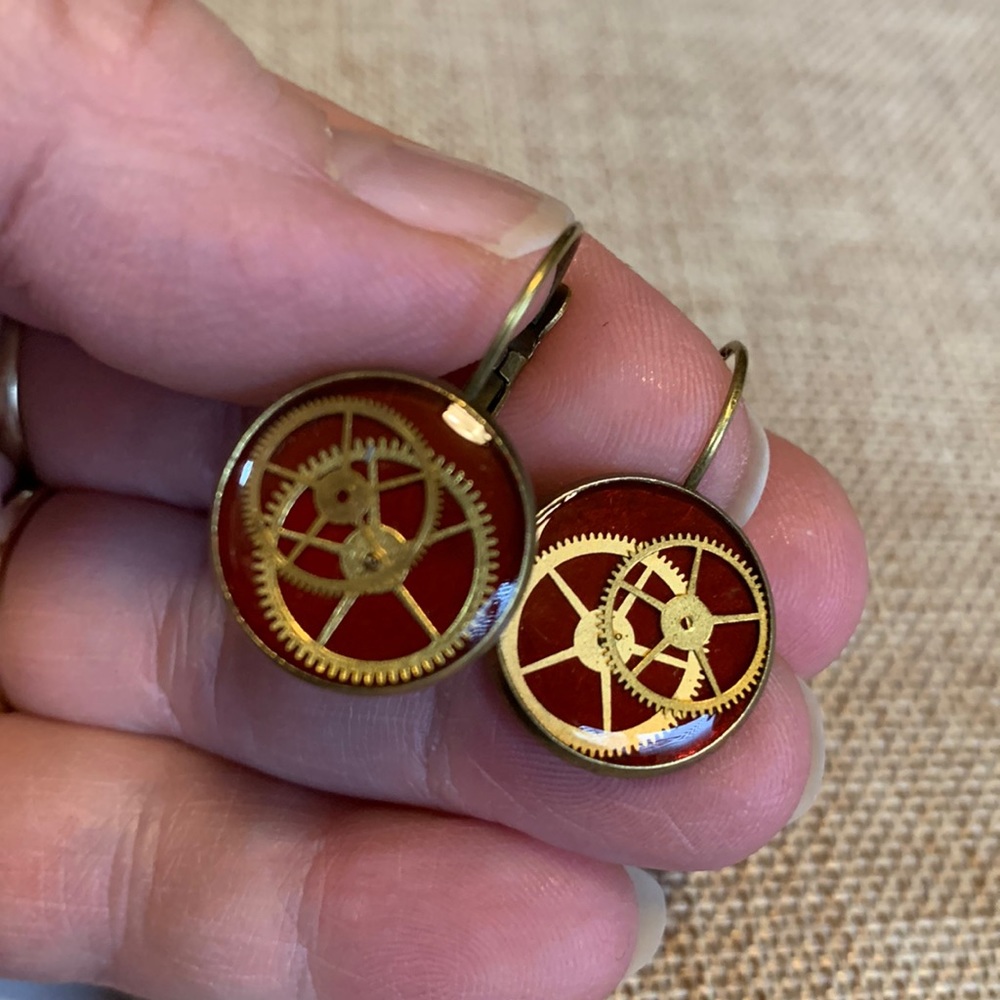 Red Earrings Gears French Levers Handmade New - Picture 3 of 5